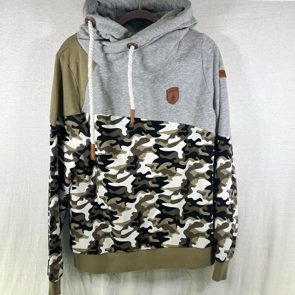 Wanakome Reyene Hoodie Womens L Gray Green Camo High Neck Pullover Sweatshirt